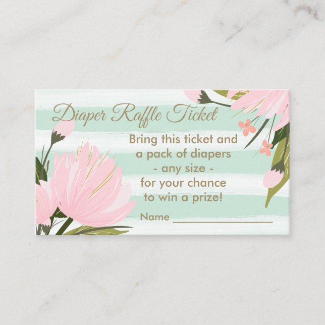 Mint Pink Floral Baby Shower Diaper Raffle Ticket Enclosure Card (Front)