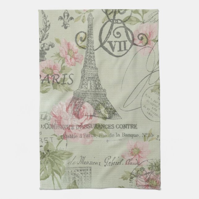 mint pink floral botanical paris eiffel tower kitchen towel (Vertical)