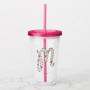 Mint Pink Floral Letter M   Acrylic Tumbler