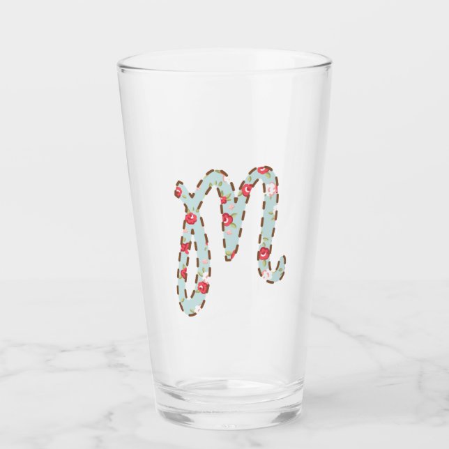 Mint Pink Floral Letter M   Glass (Front)