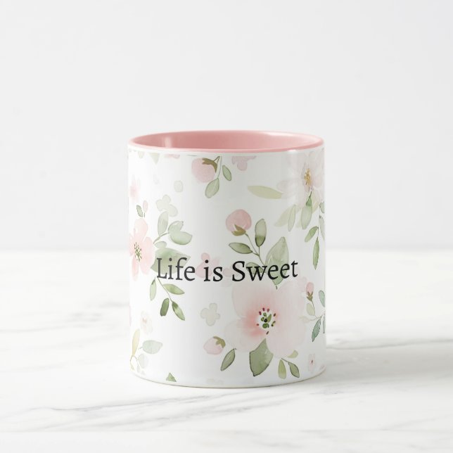 Mint Pink Flowers Life is Sweet Mug (Center)