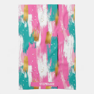 Mint Pink Gold Abstract Brushstroke Pattern Kitchen Towel