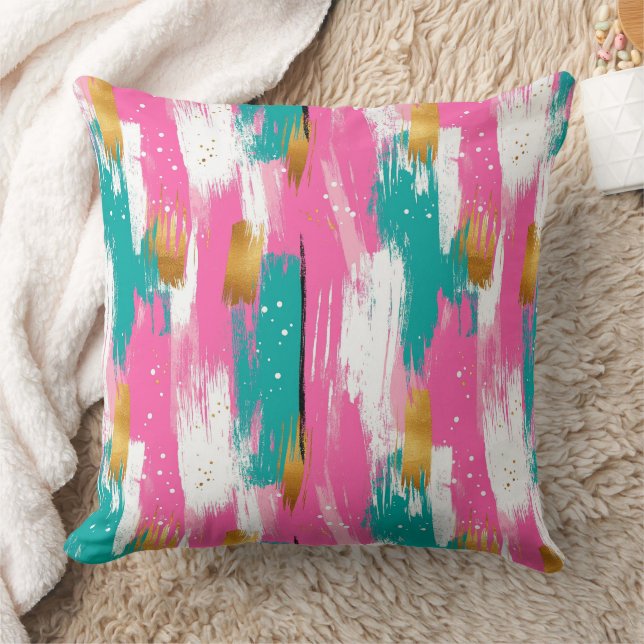 Mint Pink Gold Abstract Brushstroke Pattern Throw Pillow (Blanket)
