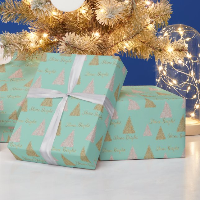 Mint Pink Gold Glitter Shine Christmas Trees Wrapping Paper (Holidays)