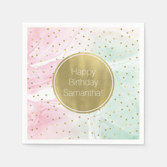 Mint Pink Gold Ombre Confetti Birthday Napkin (Front)