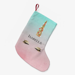 Mint Pink Gold Sparkle Glam Unicorn Lights Small Christmas Stocking