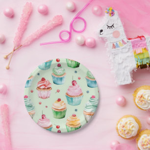 Mint Pink Peach Cupcakes Birthday   Paper Plate