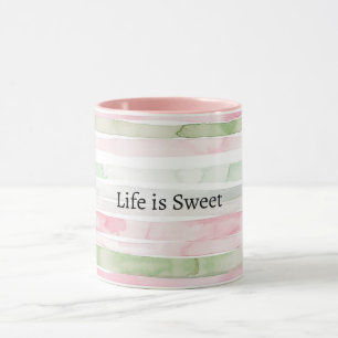 Mint Pink Stripes Life is Sweet Mug