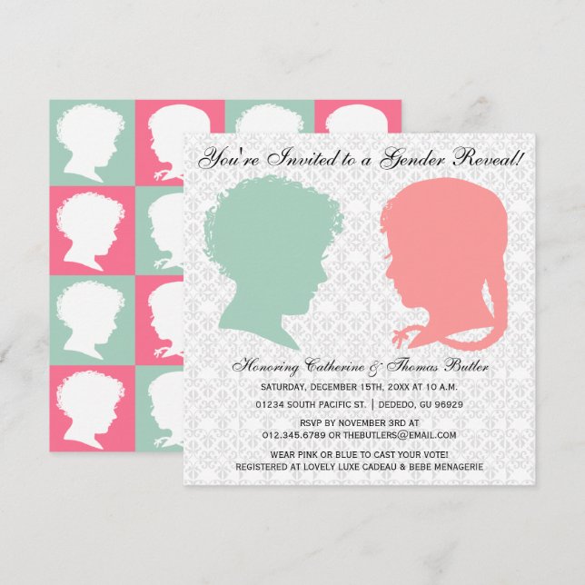 Mint & Pink Victorian Silhouette Gender Reveal Invitation (Front/Back)