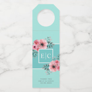 Mint & Pink   Watercolor Flowers Monogram Wedding Bottle Tag