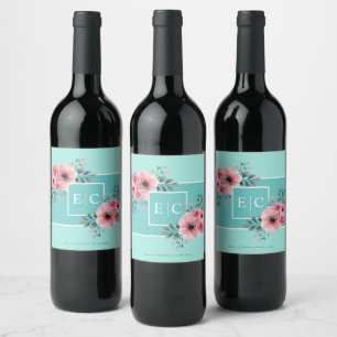 Mint & Pink   Watercolor Flowers Monogram Wedding Wine Label