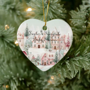 Mint Pink Watercolor Winter Fairytale Baby Shower Ceramic Ornament