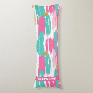 Mint, Pink, White & Gold Abstract Brushstrokes  Body Pillow