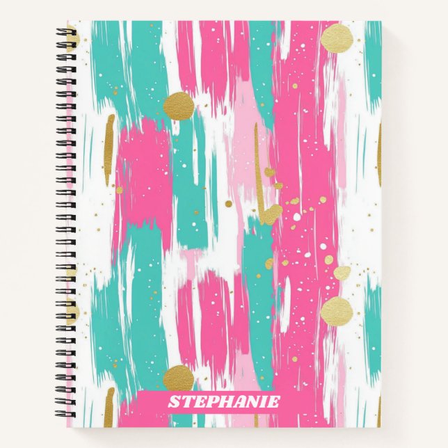 Mint, Pink, White & Gold Abstract Brushstrokes  Notebook (Front)
