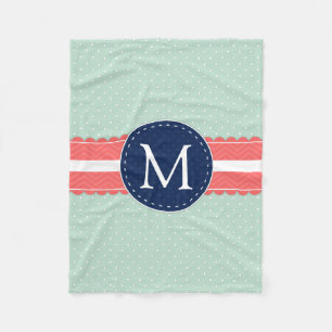 Mint Polka Dot Pattern Coral Navy Blue Monogram Fleece Blanket