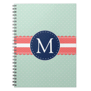 Mint Polka Dot Pattern Coral Navy Blue Monogram Notebook