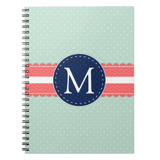 Mint Polka Dot Pattern Coral Navy Blue Monogram Notebook (Front)