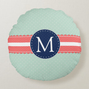 Mint Polka Dot Pattern Coral Navy Blue Monogram Round Pillow