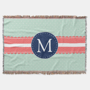 Mint Polka Dot Pattern Coral Navy Blue Monogram Throw Blanket