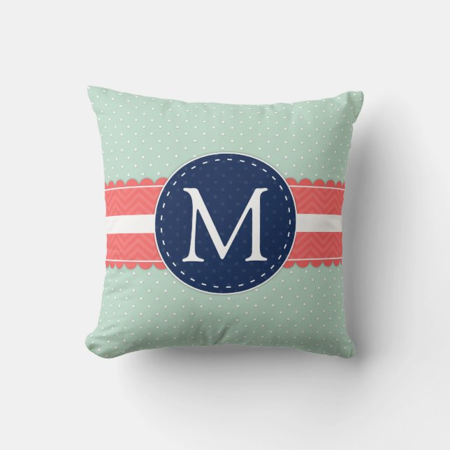 Mint Polka Dot Pattern Coral Navy Blue Monogram Throw Pillow (Front)