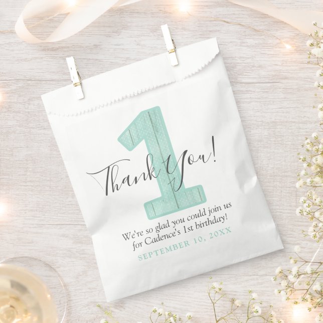 Mint Polka Dot Wood Thank You 1st Birthday Custom Favour Bag (Clipped)