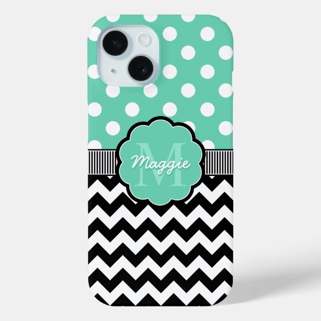 Mint Polka Dots Black Chevron Monogram Case-Mate iPhone Case (Back)
