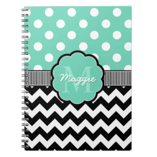 Mint Polka Dots Black Chevron Monogram Notebook