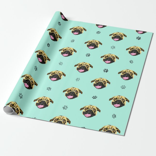 Mint Pug Wrapping Paper (Unrolled)
