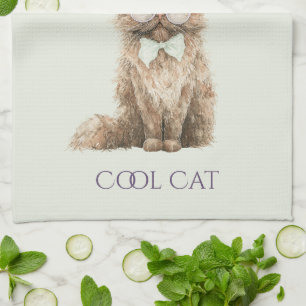 Mint Purple Brown Cool Cat Glasses   Kitchen Towel