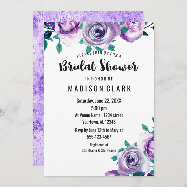 Mint & Purple Floral Rose Bridal Shower Invitation (Front/Back)