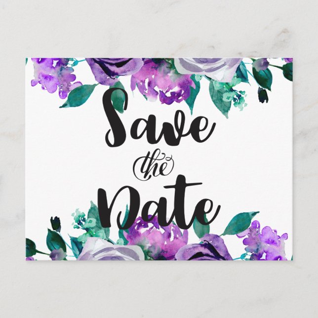 Mint & Purple Floral Rose Wedding Save the Date Announcement Postcard (Front)