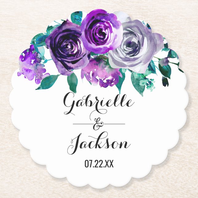 Mint & Purple Floral Watercolor Wedding Monogram Paper Coaster (Front)