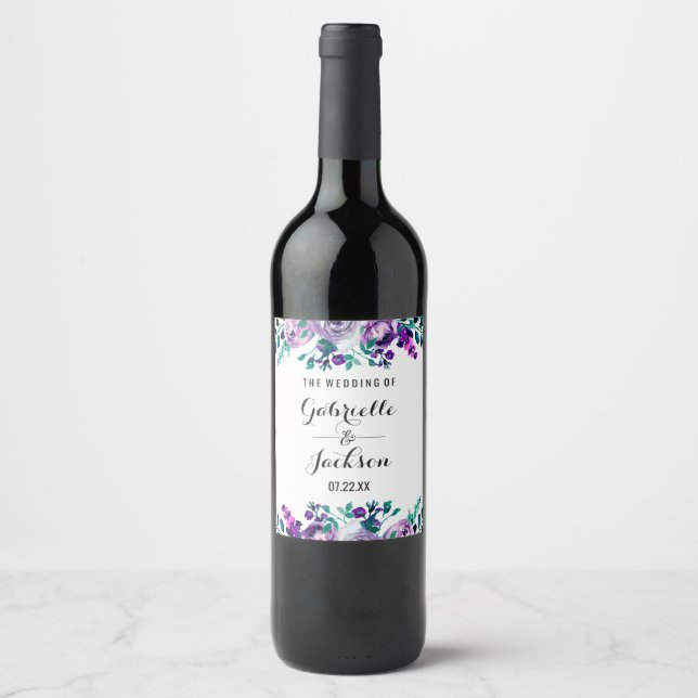 Mint & Purple Floral Watercolor Wedding Monogram Wine Label (Front)