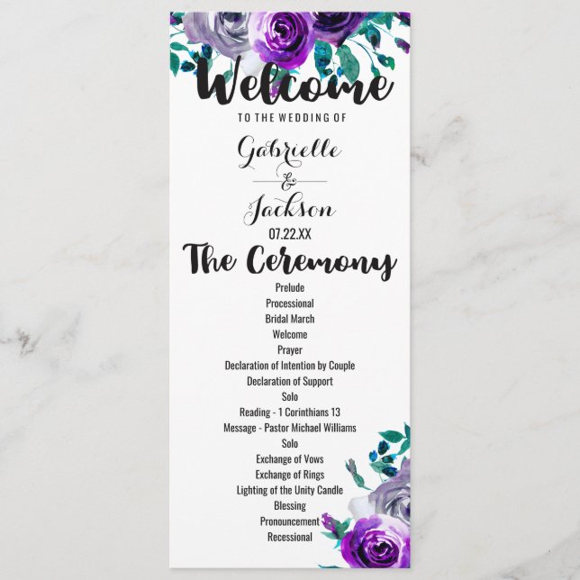 Mint & Purple Floral Watercolor Wedding Program (Front)
