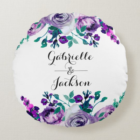 Mint & Purple Floral Wedding Ring Bearer Round Pillow