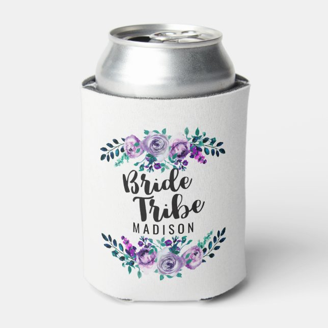 Mint & Purple Floral Wreath Wedding Bride Tribe Can Cooler (Can Front)