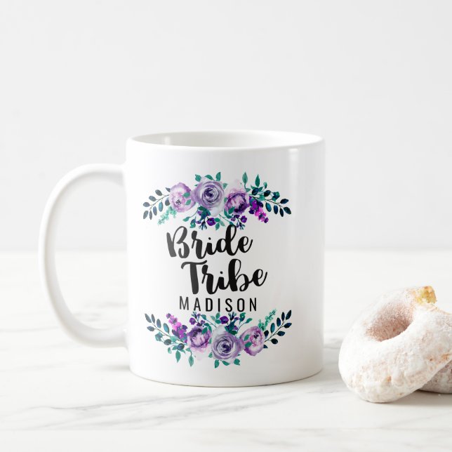 Mint & Purple Floral Wreath Wedding Bride Tribe Coffee Mug (With Donut)