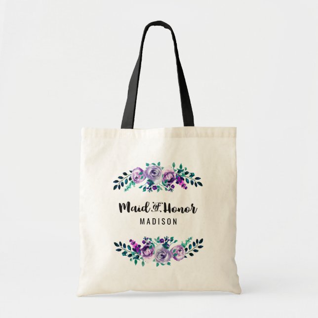 Mint & Purple Floral Wreath Wedding Maid of Honour Tote Bag (Front)