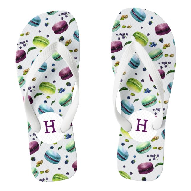 Mint & Purple Macaroons & Berries Pattern Flip Flops (Footbed)