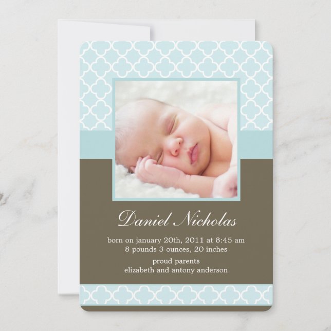 Mint Quatrefoil Pattern Photo Baby Announcements (Front)