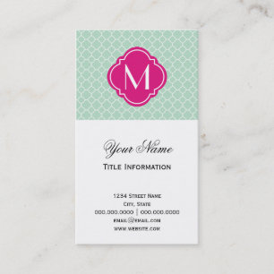 Mint Quatrefoil Pattern with Monogram Business Card
