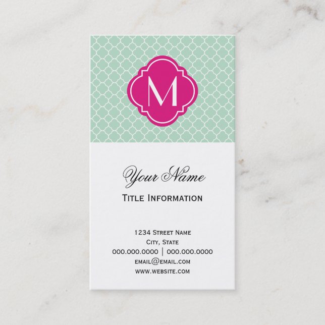 Mint Quatrefoil Pattern with Monogram Business Card (Front)