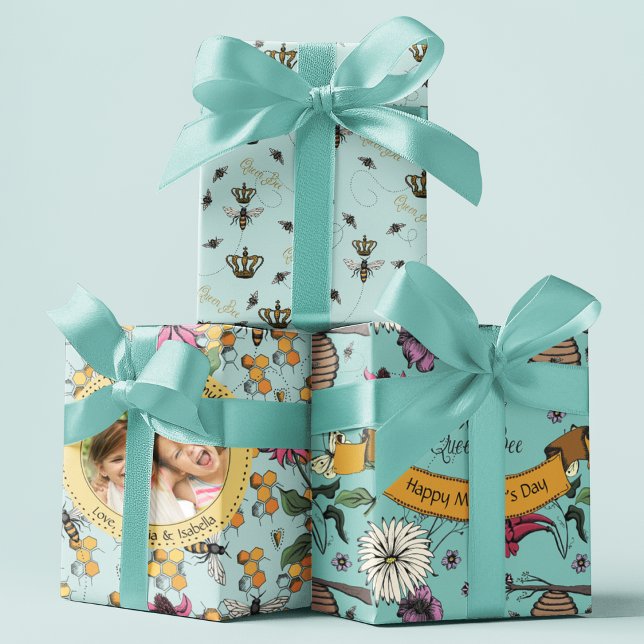 Mint Queen Bee & Gold Crown Photo Wrapping Paper Sheet (3 Pretty Hand-Drawn Mother's Day Royal Queen Bee Patterns in Mint. Custom Photo & Personal Messages)