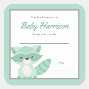 Mint Raccoon Baby Shower Bookplate, neutral Square Sticker