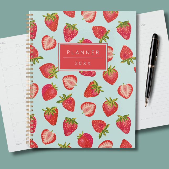 Mint & Red Summer Strawberry Pattern 2023 Planner (Strawberry mint personalized planner)