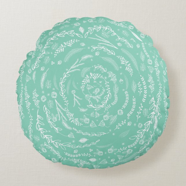 MINT Reversible to Lighter Floral Garland Pattern Round Pillow (Front)
