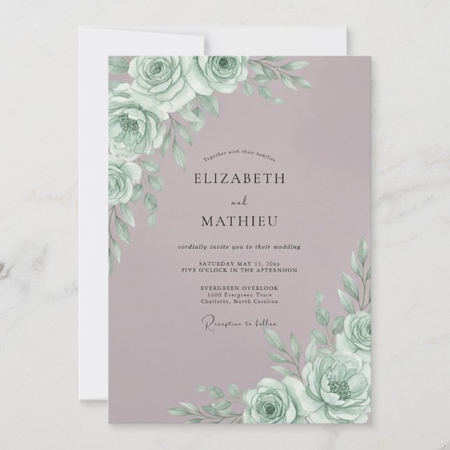 Mint Rose Botanical Romance Wedding Invitation (Front)