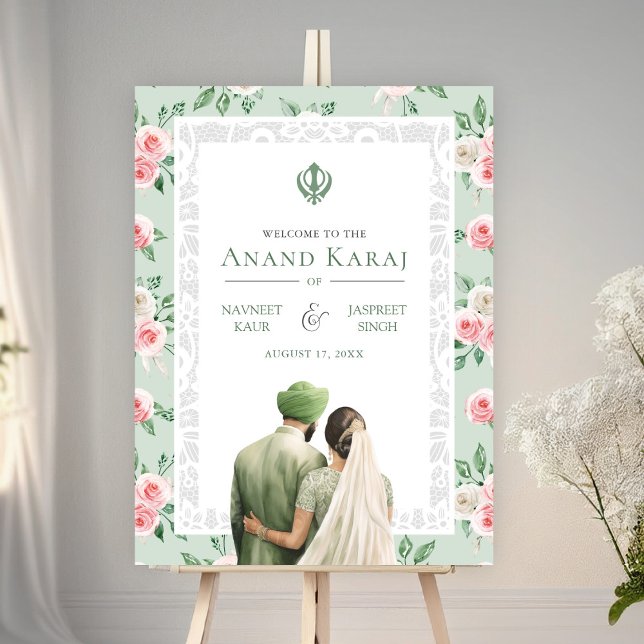 Mint rose Floral Anand Karaj Affiche de bienvenue  (Créateur téléchargé)