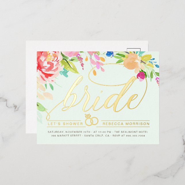 Mint | Roses & Gold Diamond Ring Bridal Shower Foil Invitation Postcard (Front/Back)