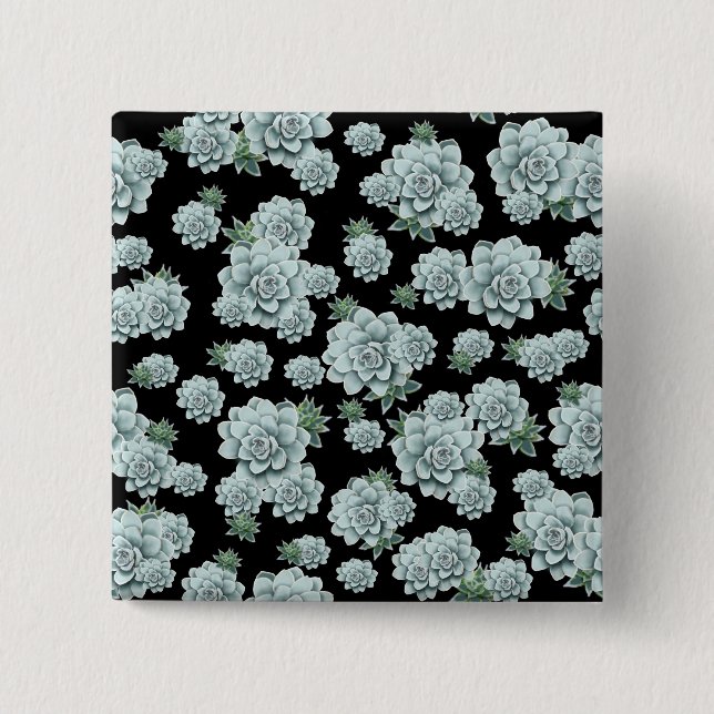 Mint Rosette Succulents Repeat Print on Black 2 Inch Square Button (Front)
